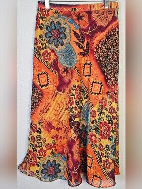 Coldwater Creek PL Boho Patchwork Floral Midi Skirt Elastic Waist
